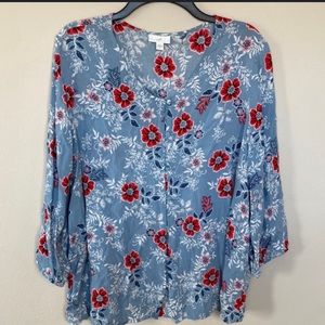 J.Jill Light Blue Floral Print Boho 3/4 Sleeve Lightweight Blouse  Women’s Sz M